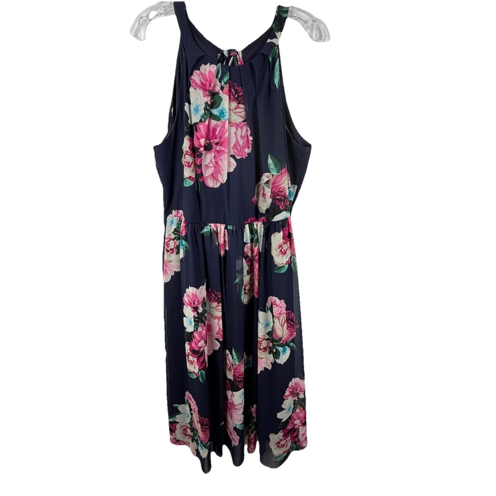 Jessica Howard Halter Midi Dress Sz 16P Navy Pink Floral Romantic Garden no belt